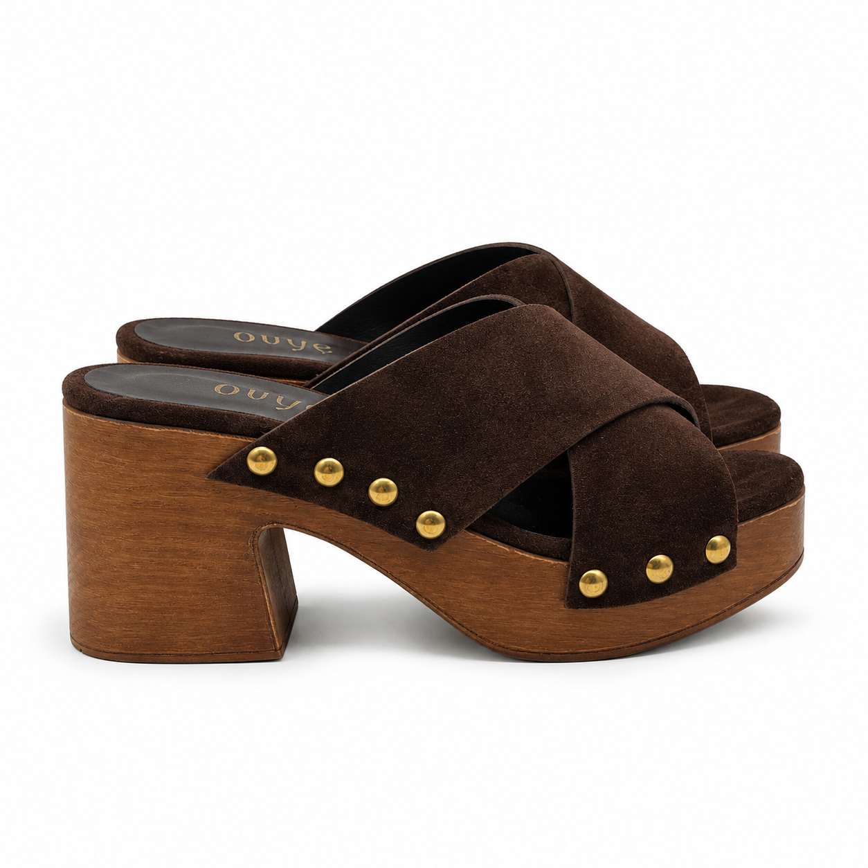 Zoccolo in Suede con Fasce Incrociate e Tacco in Legno