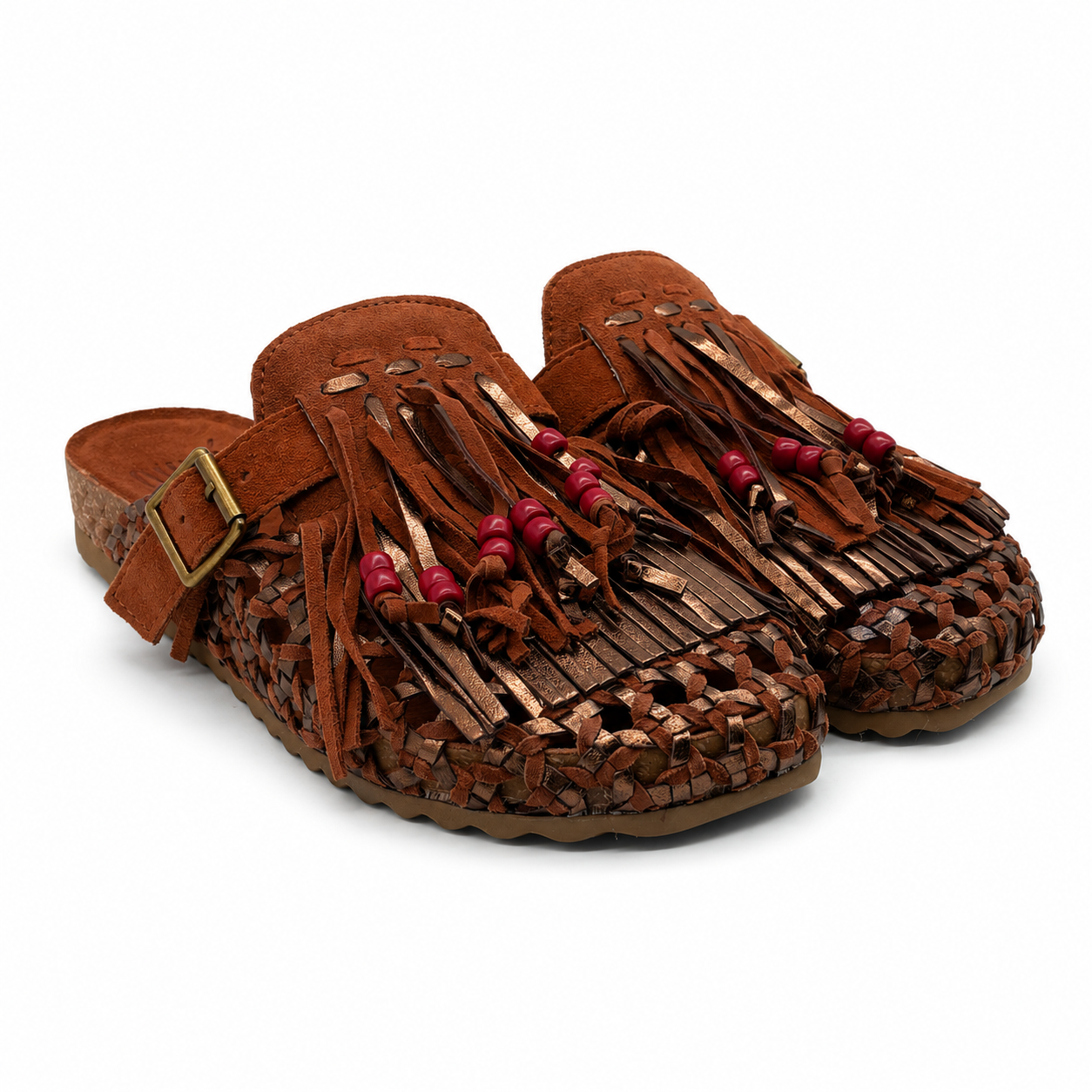 Sabot in Pelle Intrecciata con Frange e Perline