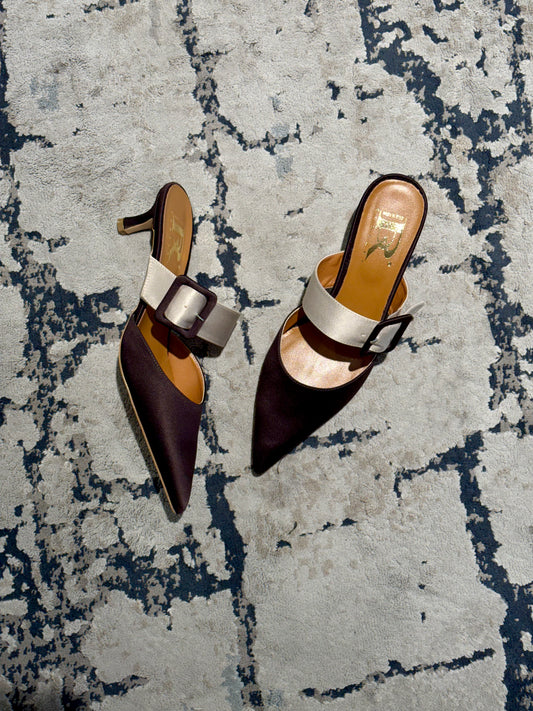 Mule in raso Bicolore con fibbia oversize