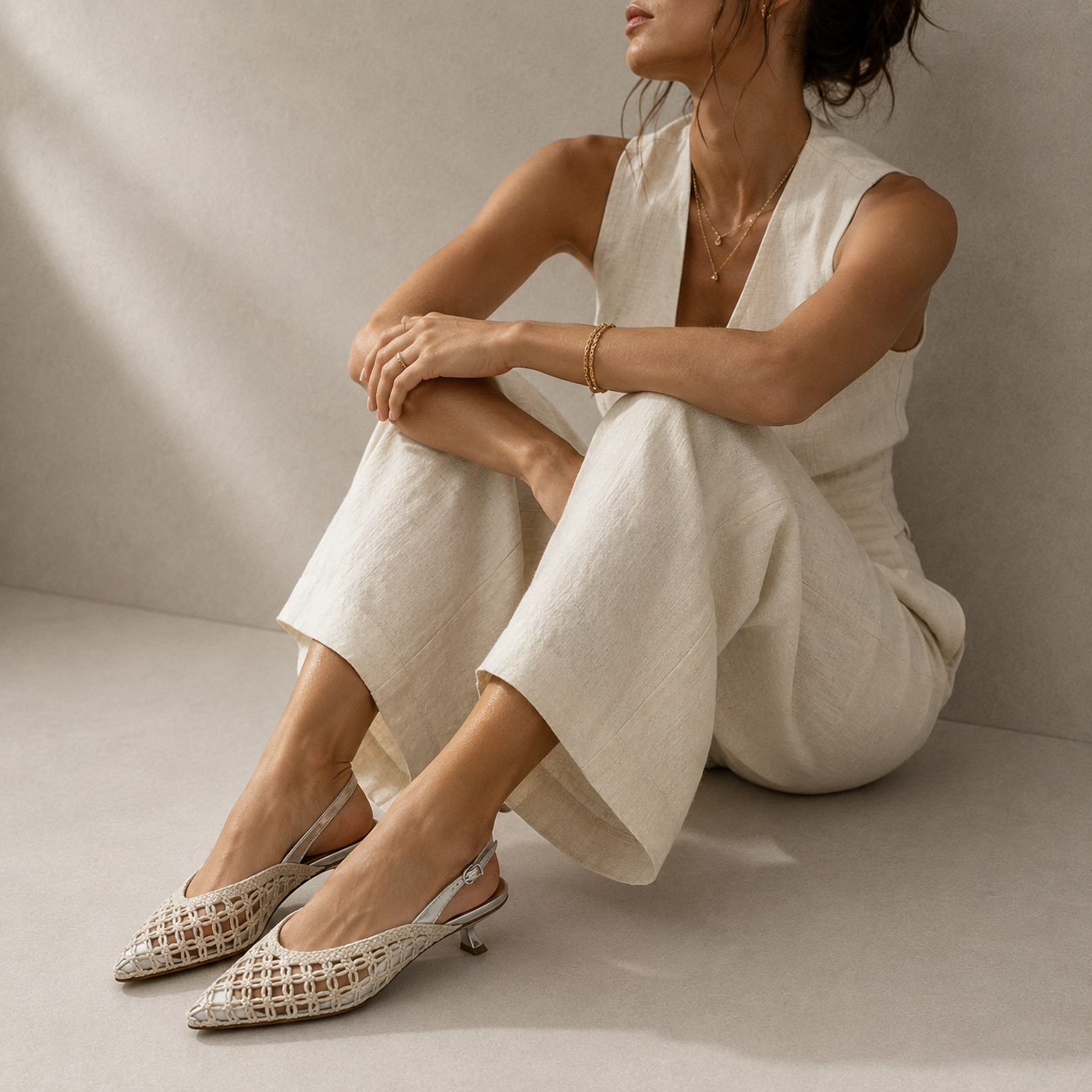 Slingback Ricamata Avorio e Argento