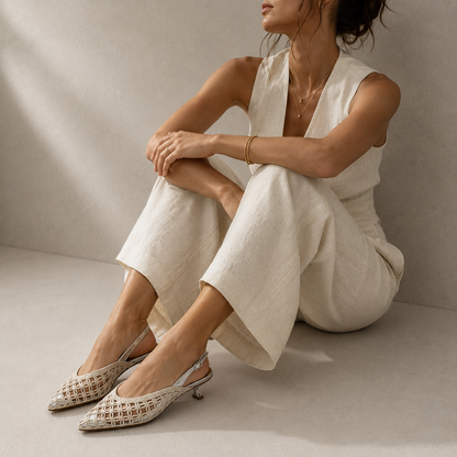 Slingback Ricamata Avorio e Argento