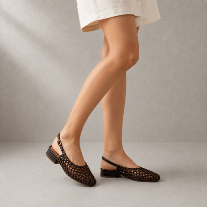 Ballerina Slingback in Pelle Intrecciata con Punta Quadrata