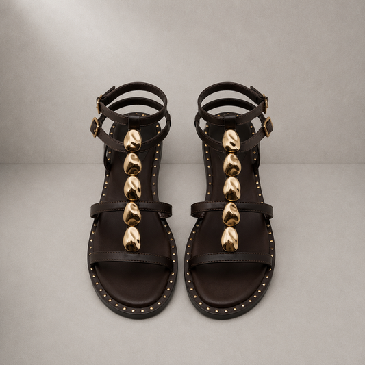 Sandalo Gladiator in Pelle con Pietre Dorate e Borchie