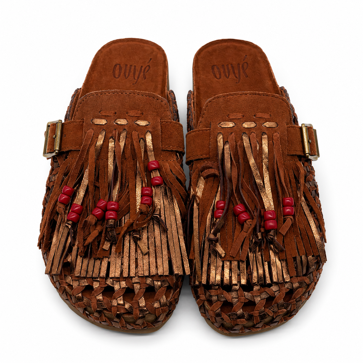 Sabot in Pelle Intrecciata con Frange e Perline