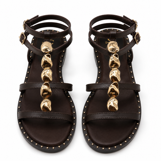 Sandalo Gladiator in Pelle con Pietre Dorate e Borchie