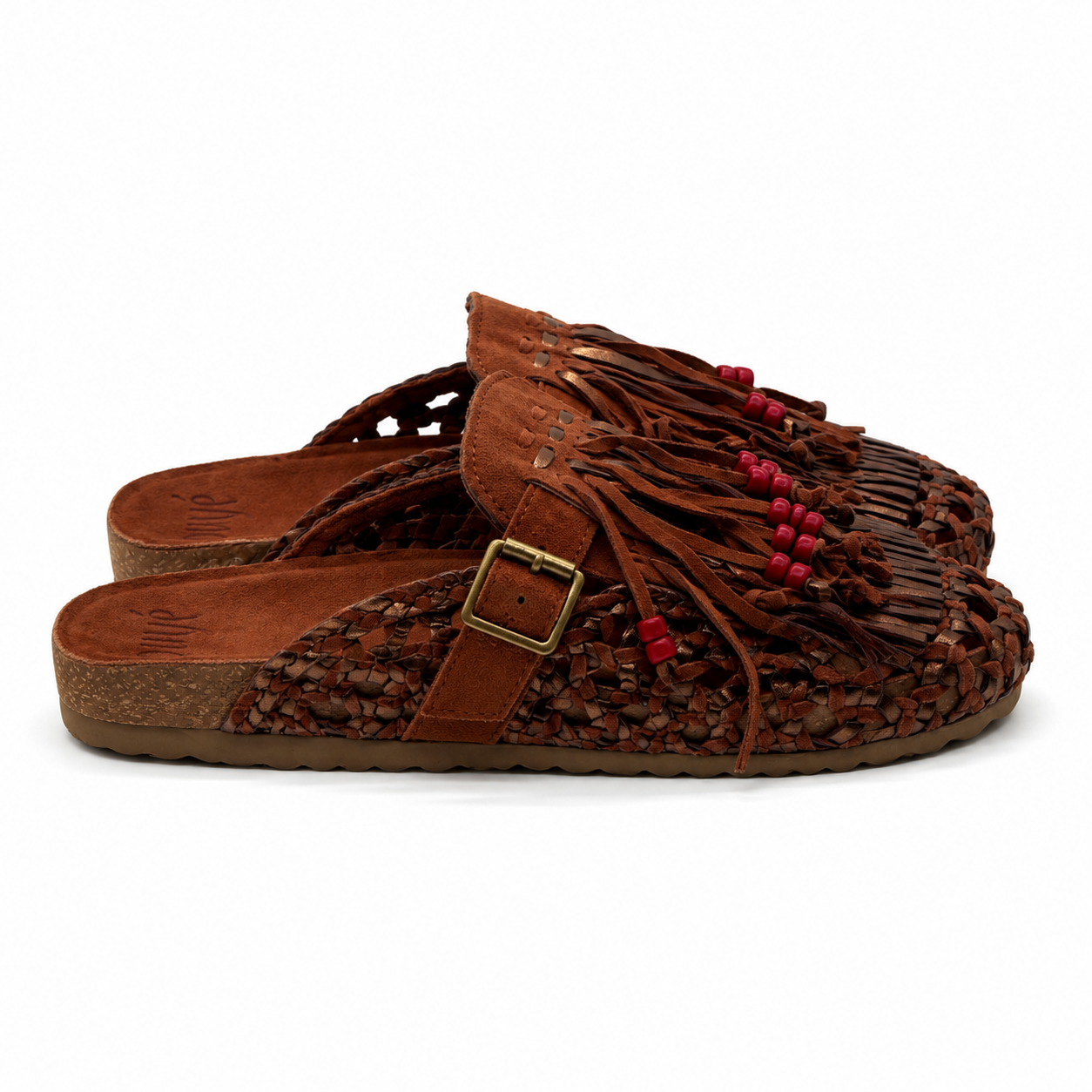 Sabot in Pelle Intrecciata con Frange e Perline