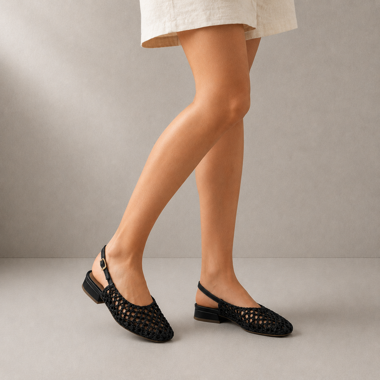 Ballerina Slingback in Pelle Intrecciata con Punta Quadrata