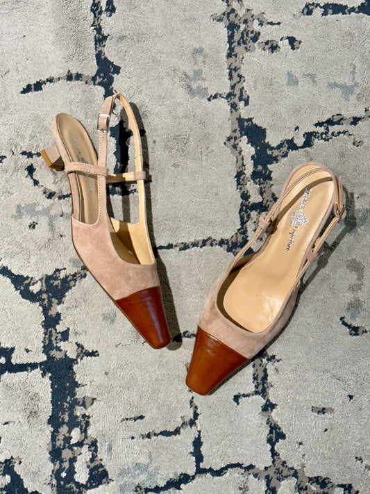 Slingback bicolore nude e cuoio