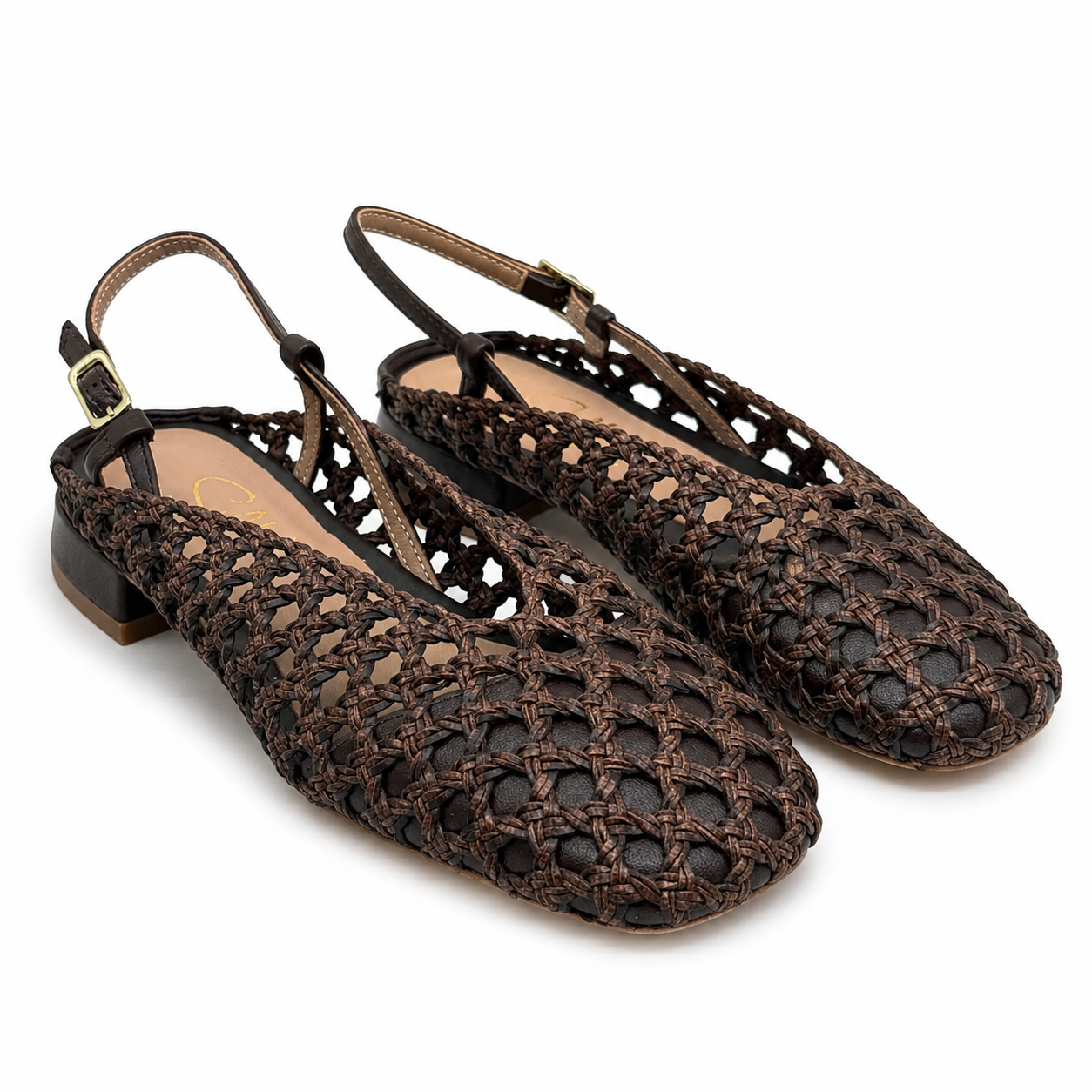 Ballerina Slingback in Pelle Intrecciata con Punta Quadrata