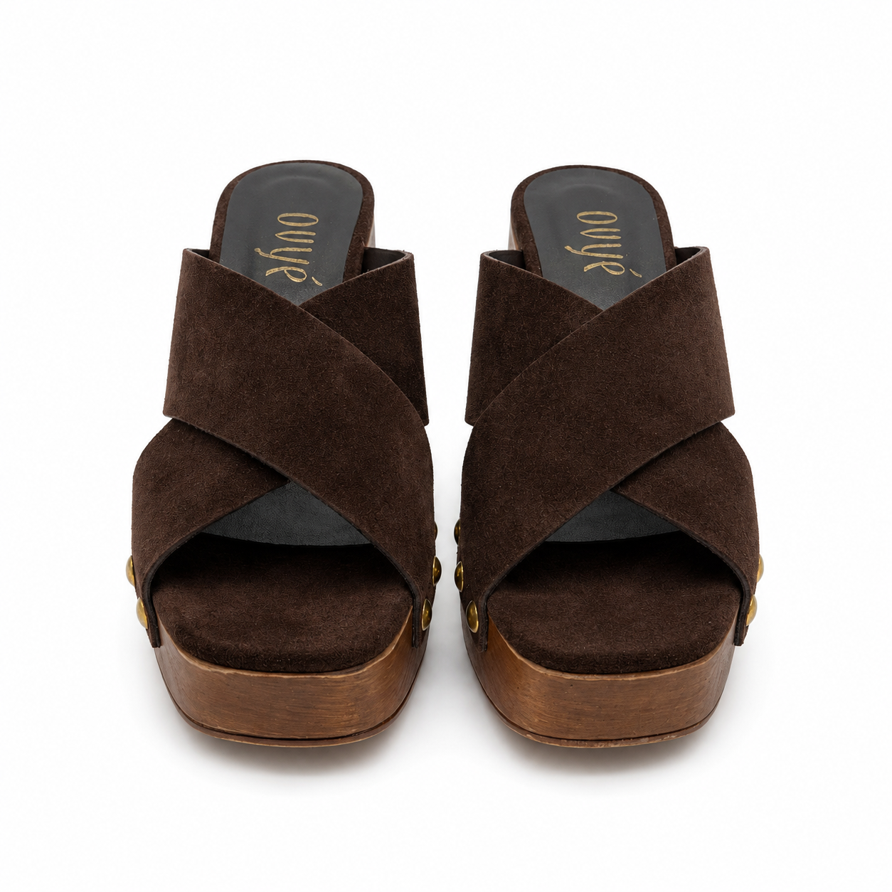 Zoccolo in Suede con Fasce Incrociate e Tacco in Legno